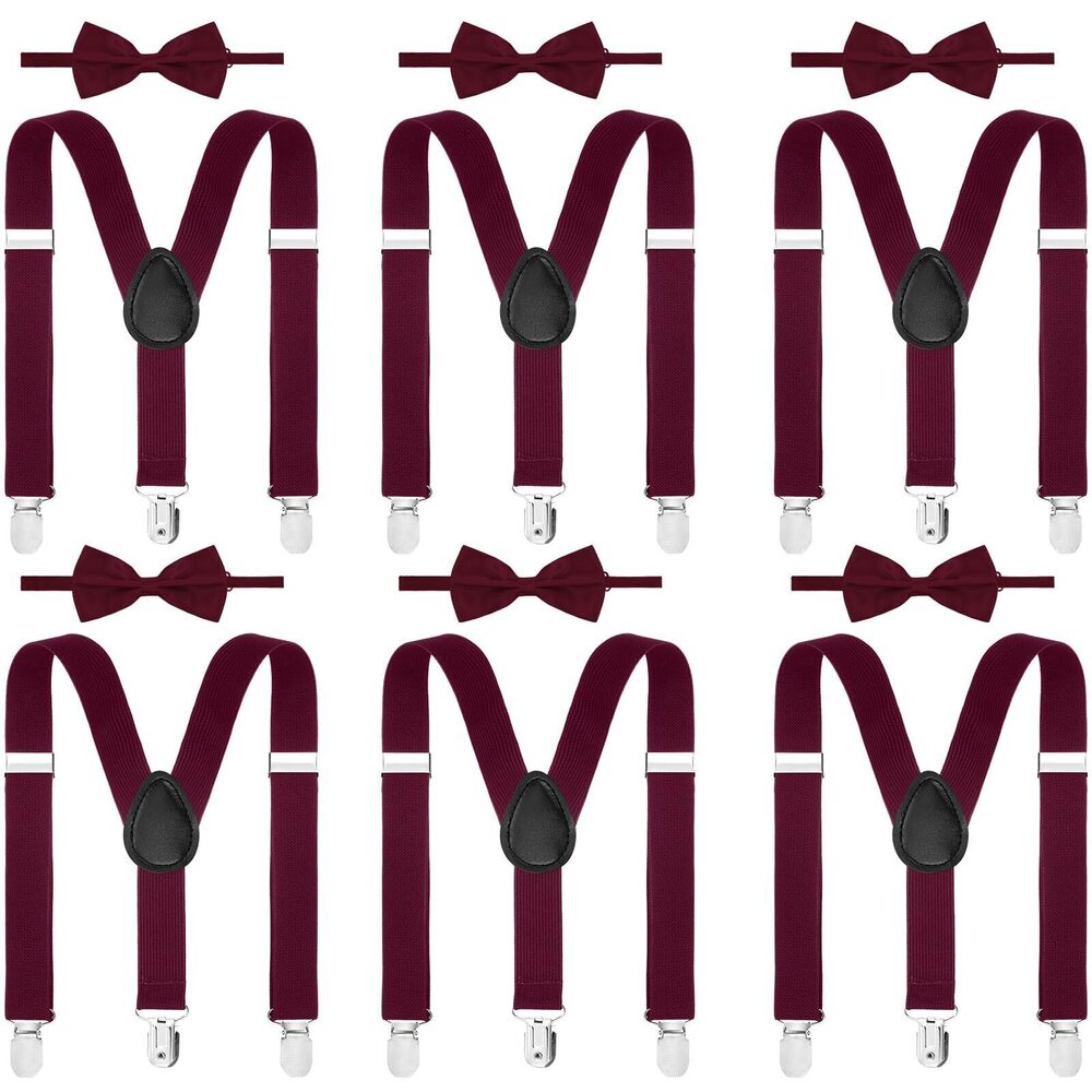 7190 6 Set Suspender and Bow Tie Set Bulk Pack Y Back Y Shape Adjustable